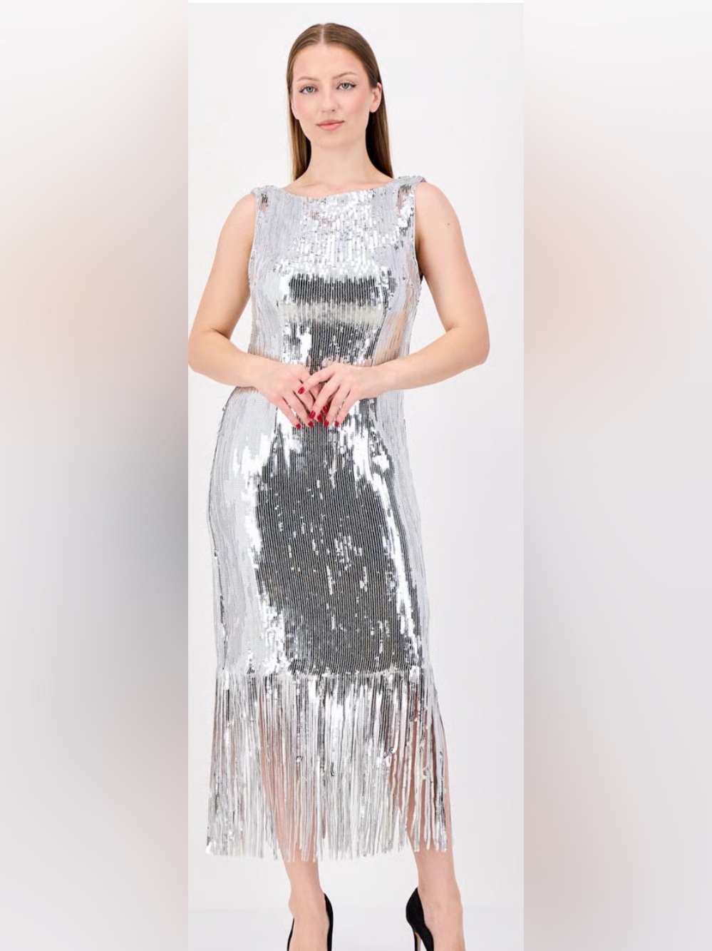 Nanette Lepore Silver Sequin Fringe Maxi Dress